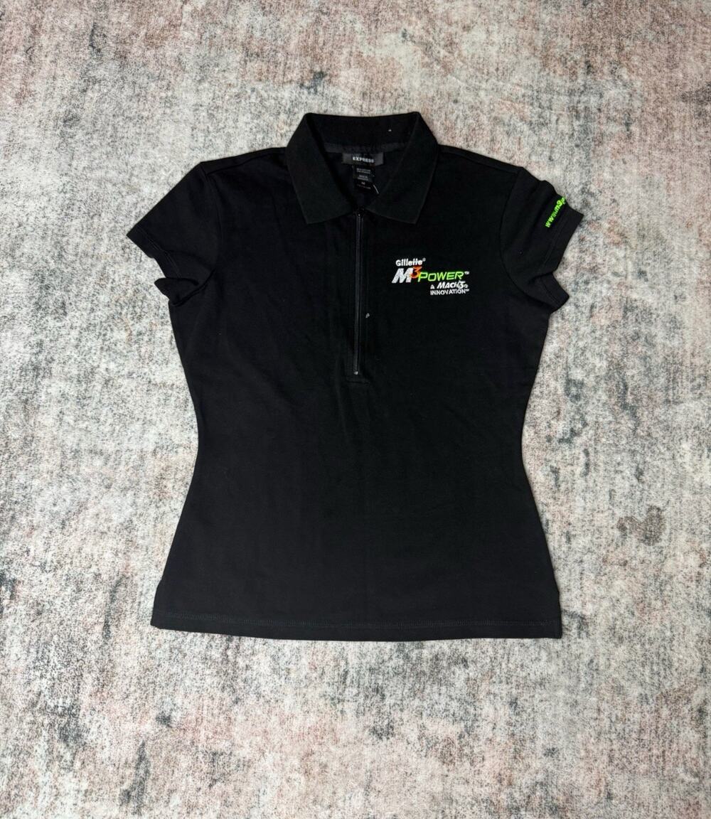 Vintage Y2K Express Polo Shirt SZ M Black Gillette Mach 3 Y2K 90's Preppy Casual